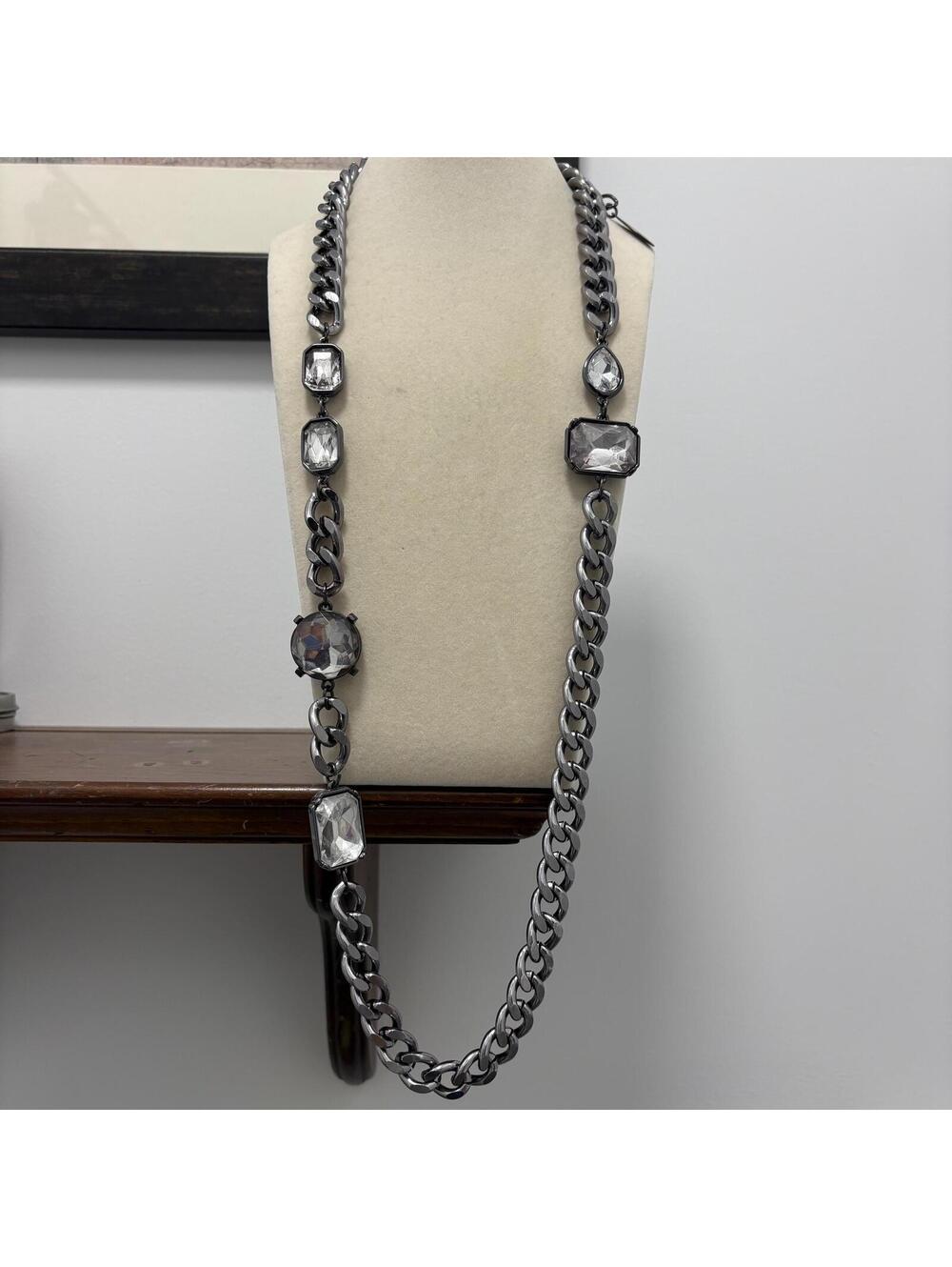 Chico's Chunky Gunmetal Statement Necklace with Large Gems 34"